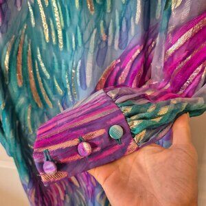 Rare 80s Adele Simpson Silk Gown | Silver Embroidered Chiffon | Size 12